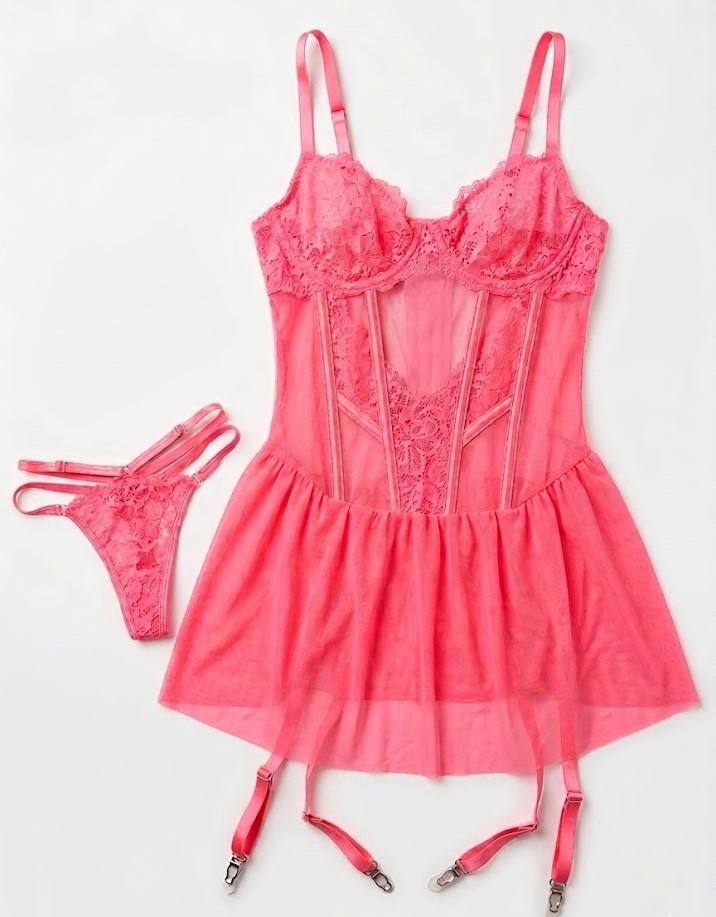 Women's 2-Piece Lingerie Set – Neon Pink Lace Babydoll Chemise, Matching Strappy Garter Dress and Thong Panty, Size M