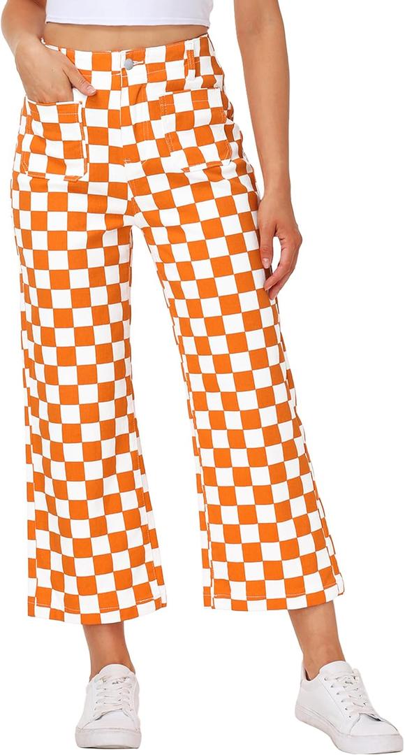Women Checkered Cropped Jeans Straight Leg Stretchy Denim Pants with Pockets (X-Large, Orange White)