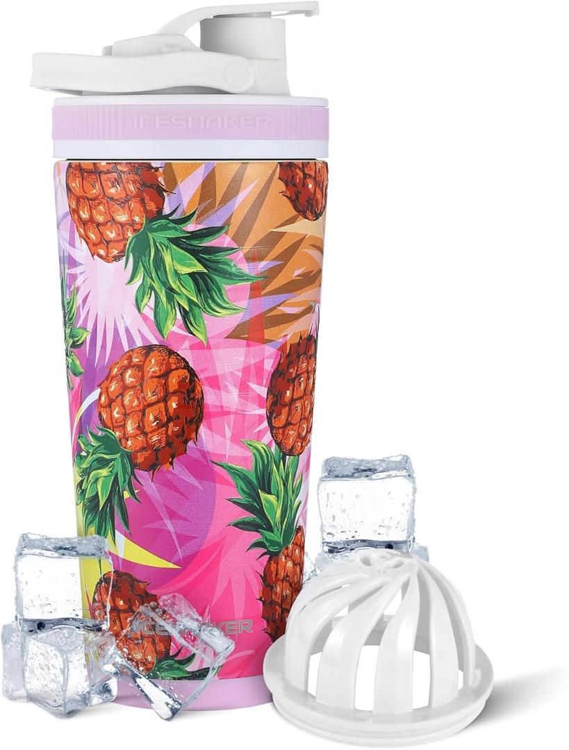 Ice Shaker Insulated Stainless Steel Shaker Bottle | 26oz, Pineapple | Cold for 30+ Hours | Insulated Cup with Twist-on Agitator | Odor-Free Bottle for Protein Shakes, Water, Smoothies, Cocktails