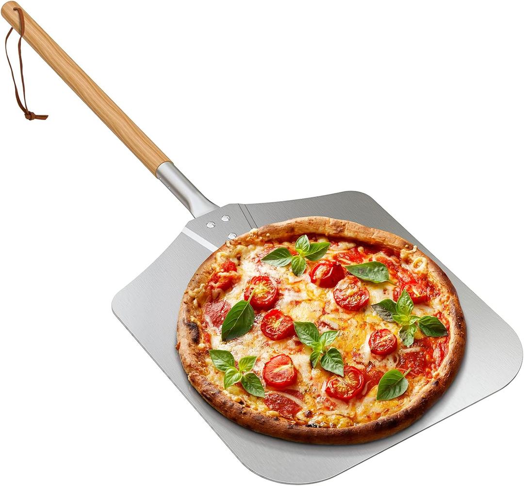 onlyfire Metal Pizza Peel with Wooden Handle for Indoor & Outdoor Grill Oven, 12 x 14 inch Pizza Baking Spatula Paddle for Baking Bread Pies, 28 Inch Long