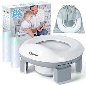 Orzbow Portable Potty Training Toilet, Travel Potty Seat for Toddler Boys Girls with Splash Guard, Potty Training Essentials, Foldable, Includes Free Travel Bag and 40 Liners, Indoor/Outdoor Use, Grey (Gray)