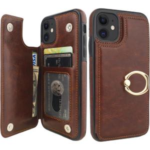 ONETOP for iPhone 11 Wallet Case with Card Holder, 360 Rotation Ring Kickstand RFID Blocking PU Leather Double Magnetic Clasp Shockproof Cover for Women and Girls 6.1 Inch (Brown)