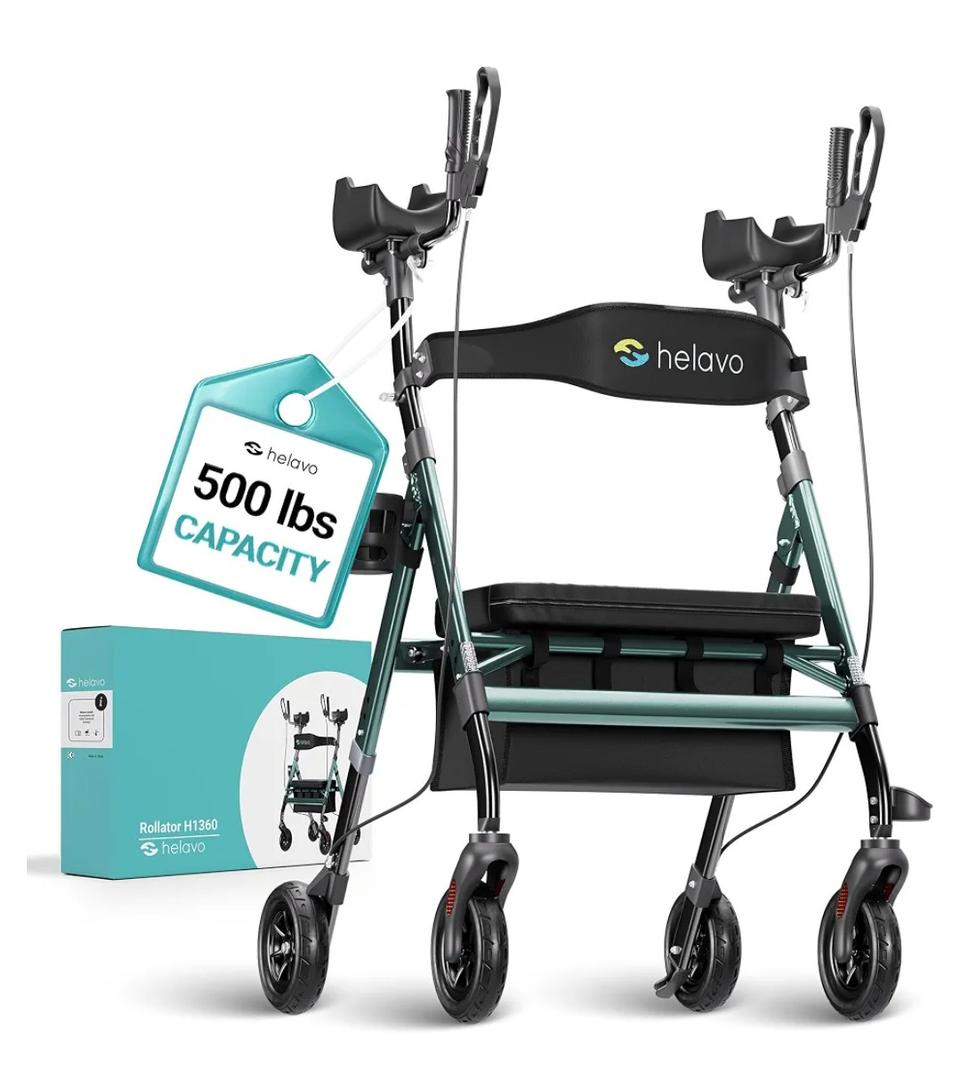 Helavo 28.3" Extra Wide Bariatric Upright Walker, 500 lbs CapacityAll Terrain Tall Standing Rollator, Padded Armrests, Height Adjustable, Aluminium Frame, 24.9 lbs, 8" Solid Rubber Tires