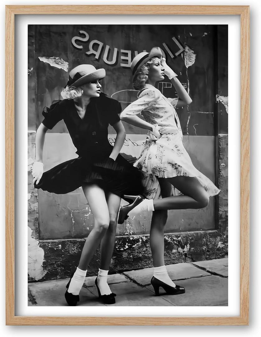iHery Natural OAK Wood Framed Vintage Women Dancing Wall Art, 12x16in Beige Frame Canvas Retro Women Fashion, Chic Ladies Posing, Black and White Print, Vintage Feminist Wall Decor Set of 1