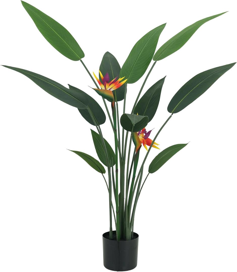 4FT Artificial Bird of Paradise Plant with 2 Flowers & 12 Detachable Leaves - Faux Plants for Indoor/Outdoor Home & Office Decor, Perfect for Porch, Living Room, Holiday Decorations