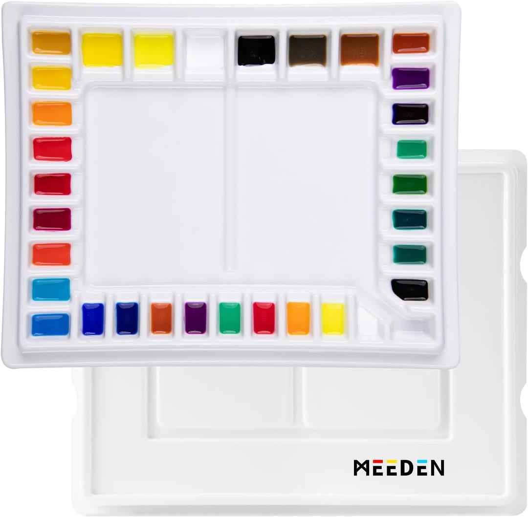 MEEDEN Ceramic Watercolor Palette: 33-Well Large Empty Professional Porcelain Paint Palette with Lid for Watercolor Acrylic Gouache, 13.5 x 10.8 Inch Mixing Tray for Studio