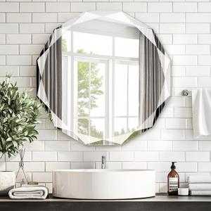 Furnbar Wall Mounted Bathroom Vanity Mirror, 20"x20" Single Beveled Edge Frameless Rounded Mirror, Large Bathroom Mirror for Over Sink Wall, Living Room, Entryway, Cloakroom