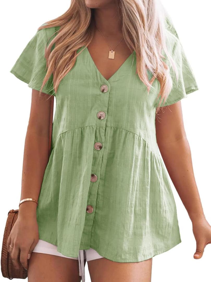 JayGate Womens Short Sleeve V Neck Blouse Button Down Shirt Loose Casual Ruffle Hem Babydoll Peplum Tops (Large, Light Green)