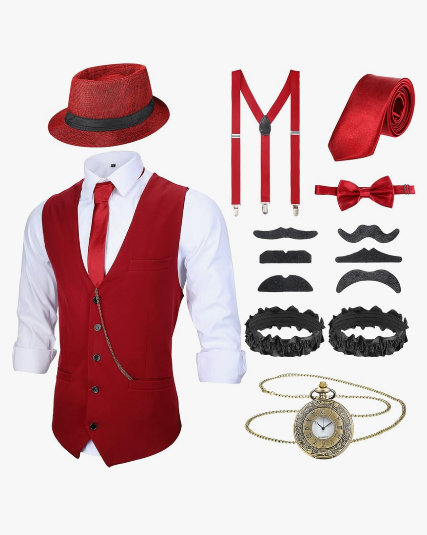 1920s Men's Costume Roaring Outfit with Gangster Vest Hat Pocket Watch Suspenders for Race Meeting 2026