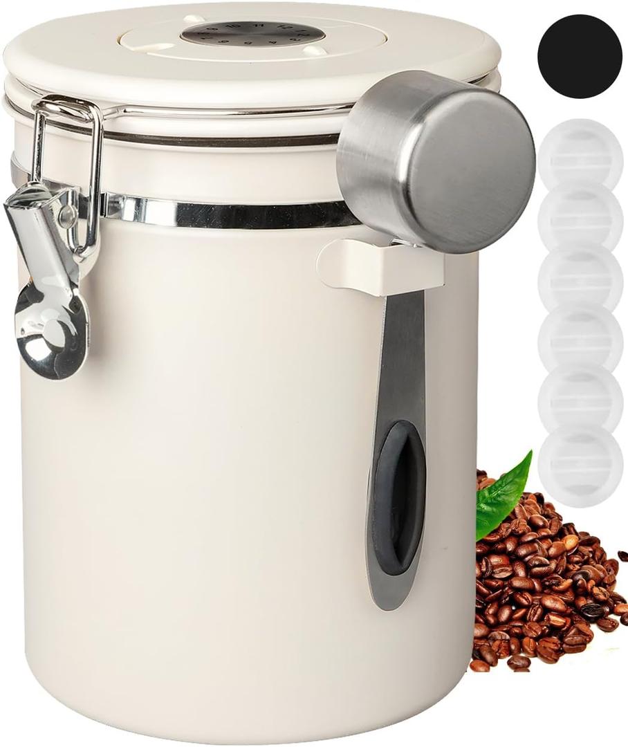 INFTYLE Coffee Canister with Airtight Lid, 22oz, 60 fl oz White, Stainless Steel Air Tight Lid Container with Date Tracker and Scoop Food Storage Jar for Grounds Coffee, Beans, Flour, Cereal (White)