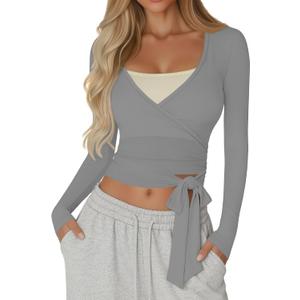 Women Wrap Tie Tops Lightweight Slim Fit Ballet Pilates Yoga Workout Active Shirts Long Sleeve V Neck Casual Tees (Gray, S)