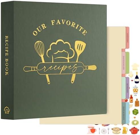 Lanpn Recipe Binder 8.5x11 3 Ring Kit, Waterproof Recipe Book Organizer Binder to Write in Your Own Recipes, Blank Cookbook with 60 Plastic Sleeves,116 Recipes, Dividers, Labels & Stickers, Green
