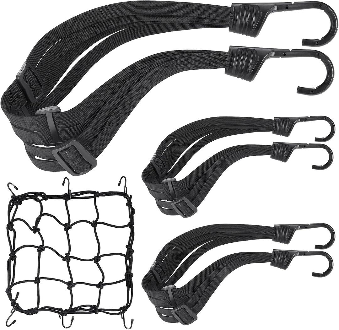 4pcs Motorcycle Luggage Straps, 3pcs Elastic Motorcycles Helmet Lock Strap & 1 Motorcycle Cargo Net, Heavy Duty Bungee Cords with Hooks and Sliding Buckles, Practical Elastic Straps Motorcycles Gear
