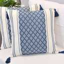 Oveesha Boho Throw Pillow Covers with Tassels Navy Blue 20x20 inches Set of 2 Checkered Geometric Pattern/Decorative Square Pillow Covers for Couch Sofa Indoor Outdoor/Farmhouse Accent Pillow Cases