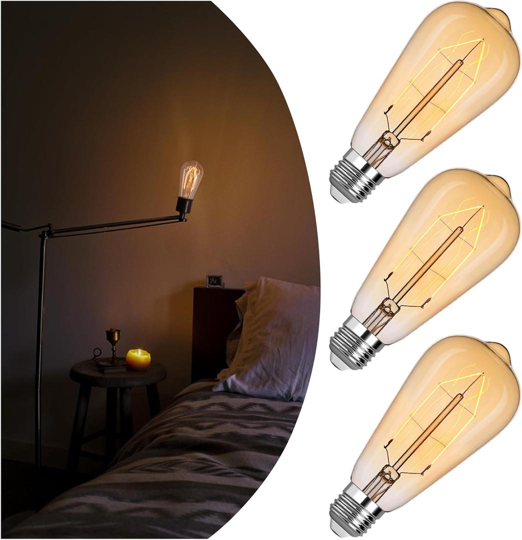 LED Edison Bulb Equal 25w Vintage Amber Light Bulbs 2000K Soft Yellow Light LED Bulbs, Super-Thin Spiral Filament Incandescent Warm Light Amber Bulbs, Dimmable E26 Base Night Light Bulbs 4W, 3 Pack