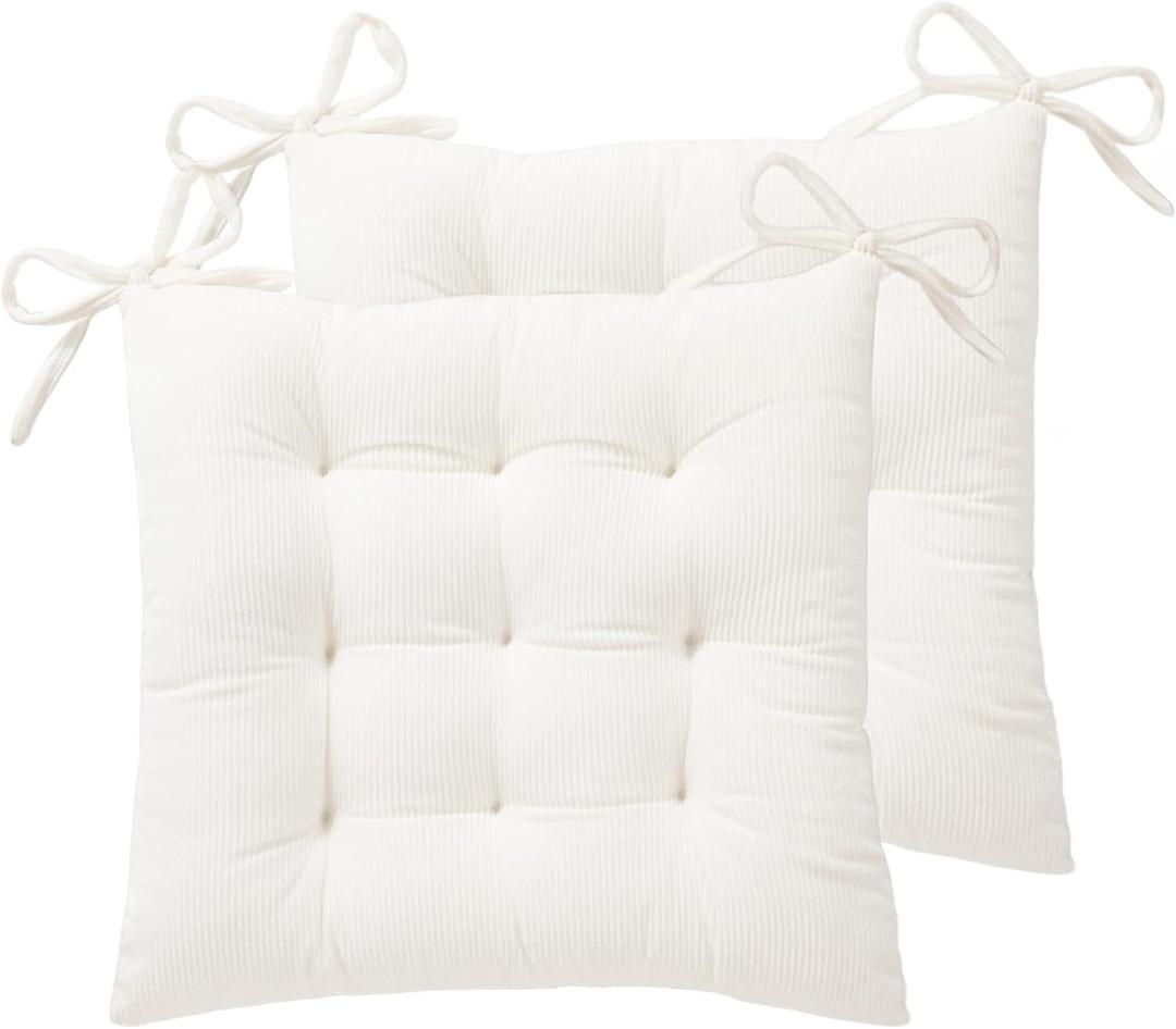 HLOVME Corduroy Chair Cushion with Ties Ultra Soft Warm Floor Cushion for Kids Reading Nook Comfortable Square Seat Cushion for Adult 15.7x15.7 Set of 2, White
