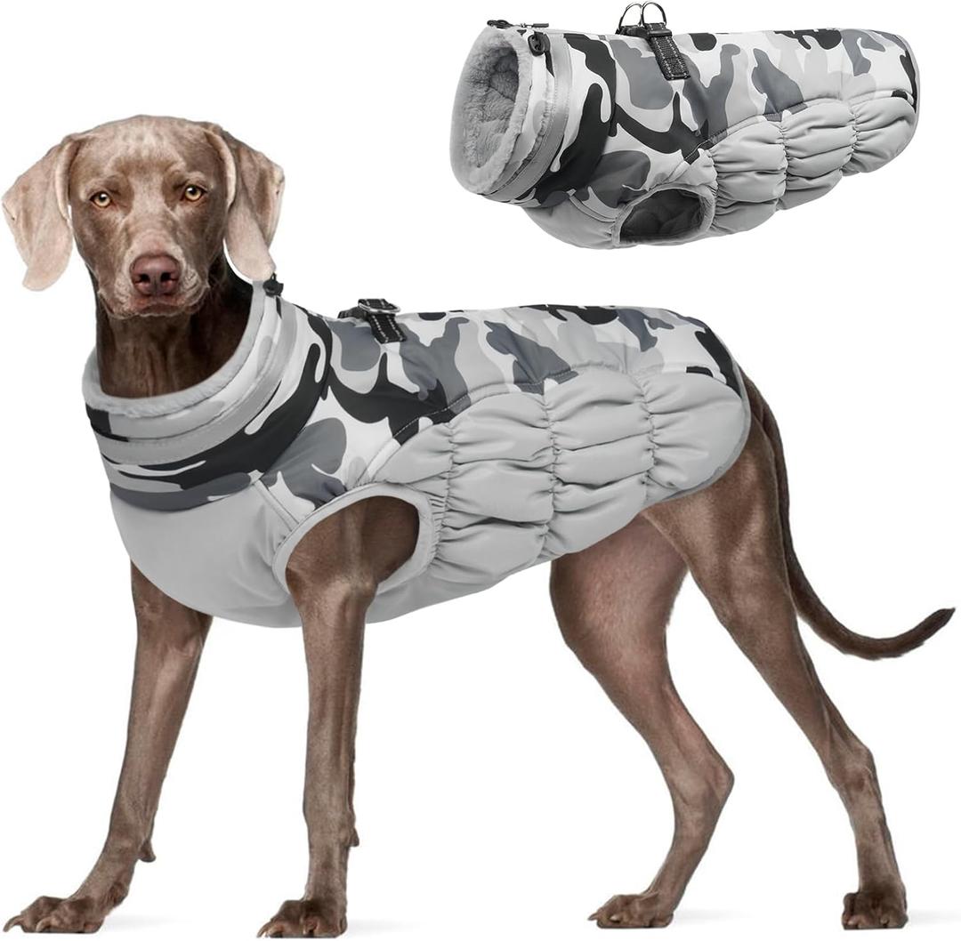 FUAMEY Dog Coat for Large Dogs,Waterproof Dog Winter Jacket with Harness Built in Puppy Cold Weather Coats Reflective Pet Vest with Zipper Warm Fleece Dogs Snowsuit Windproof Grey Camo L (L(chest:24in))