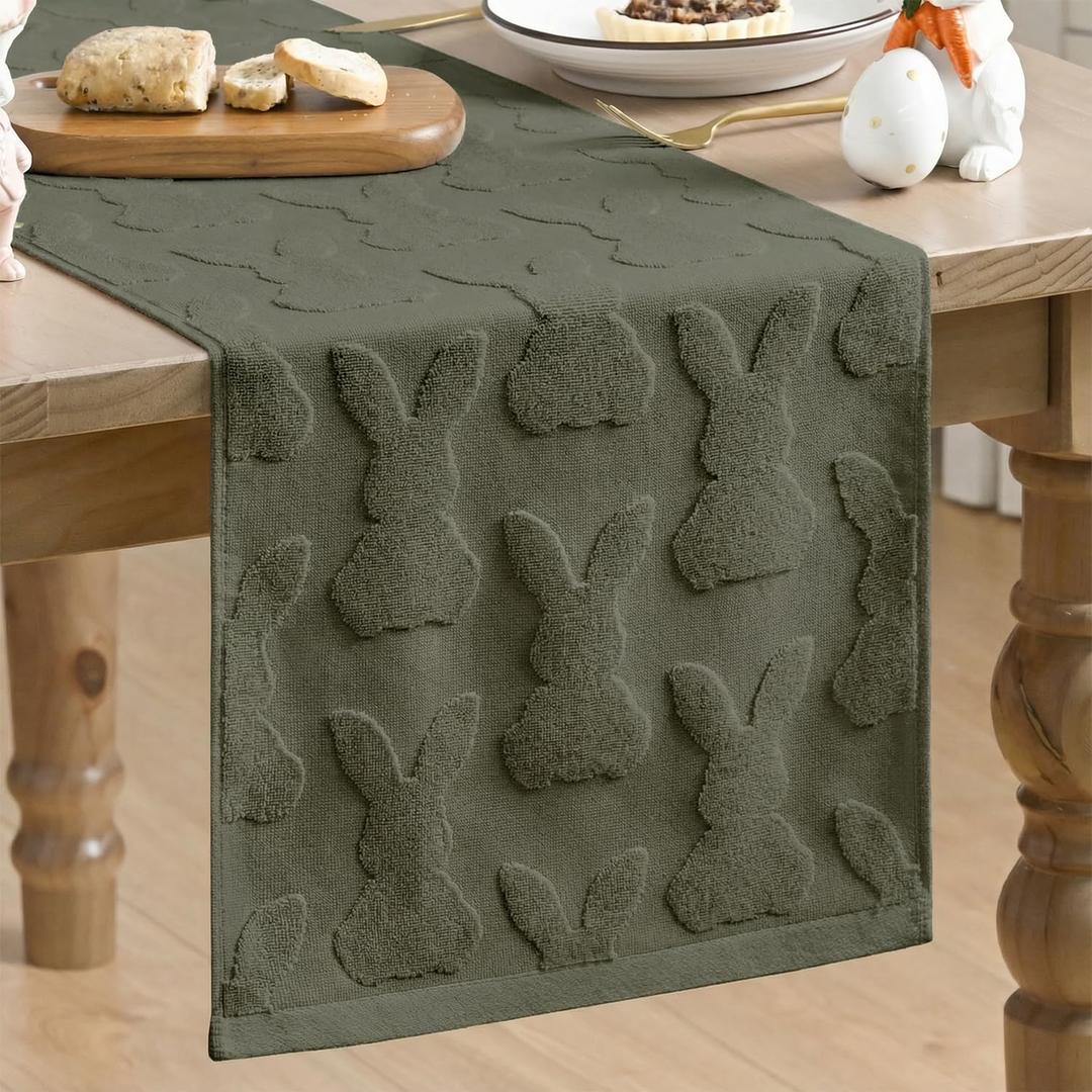 3 x Artoid Mode Olive Green Soft 3D Jacquard Bunny 100%Cotton Easter Table Runner, Holiday Kitchen Dining Table Decoration for Home Party Decor 13x72 Inch