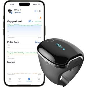 Wellue O2Ring-S Oxygen Monitor with Vibration Reminder, Bluetooth Pulse Oximeter Tracks SPO2 and Pulse Rate, 24 hrs Battery Life, 4*10 Hours Built-in Memory, Rechargeable Pulse Ox with Free PC & APP