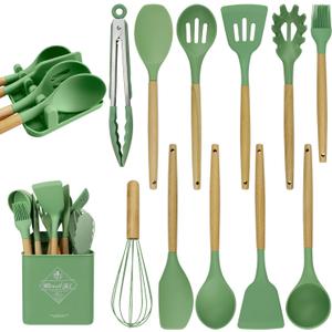 MYKUJA Green Kitchen Cooking Utensils Set-Heat Resistant Silicone Cooking Utensils Set, Non-Stick Kitchen Utensils Spatula Set with Holder, 13 Pcs Silicone Kitchen Gadgets Decor (Avocado green)