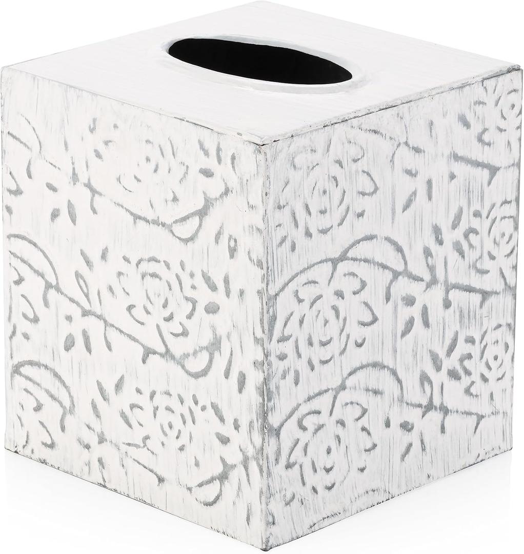 Country Chic Modern Farmhouse Tissue Box Holder, Decorative Metal Tissue Cover, Rustic Square White Style (Upright)