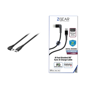 ZGear 8 Foot Braided 90° Synk & Charge Cable for Lightning Tip and for USB C to USB C