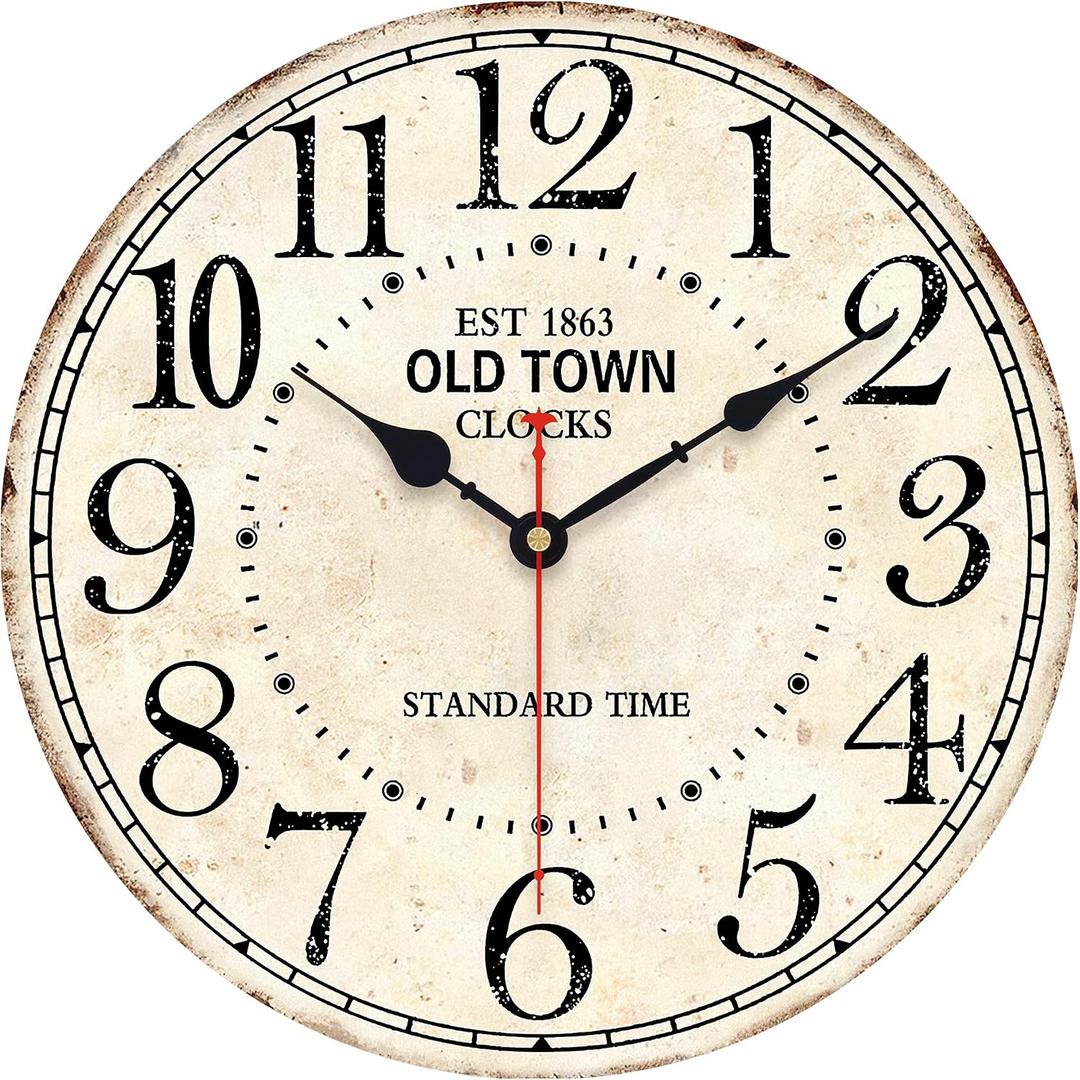 14 Inch Retro Round Wall Clock Old Town Vintage Antique Style Battery Operated French Country Silent Wall Clocks for Farmhouse,Garden,Home Kitchen,Bedroom,Office