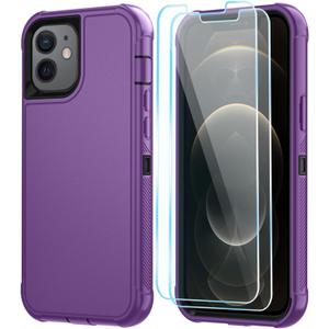 SunStory Compatible with iPhone 12/12 Pro Case with HD Screen Protector, 3-Layer Heavy Duty Full-Body Cover,3 in 1 Hybrid Protective Case for iPhone 12/12 Pro 6.1",Purple