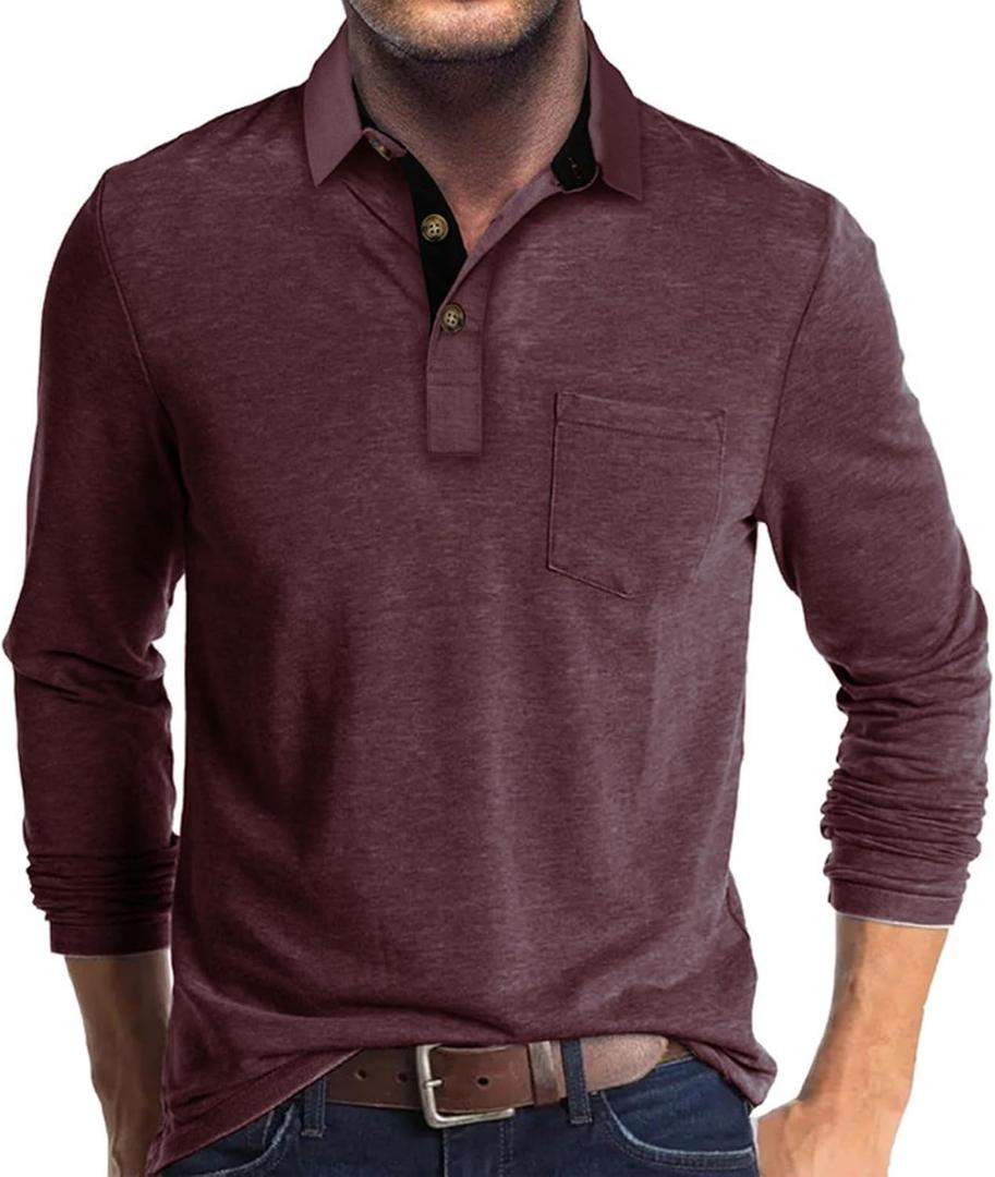 Men's Long Sleeve Polo Shirts Casual Button Classic Work Shirt Cotton Collared Basic Golf Shirt with Pocket (XX-Large, Darkred)