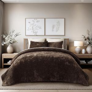 EVERGRACE Velvet Quilt Set Queen Size, Luxurious Soft Striped Channel Bedding Set, Lightweight Velvet Comforter for All Season, Oversized Bedspread Coverlet with 2 Matching Shams, Walnut Brown, Full/Queen