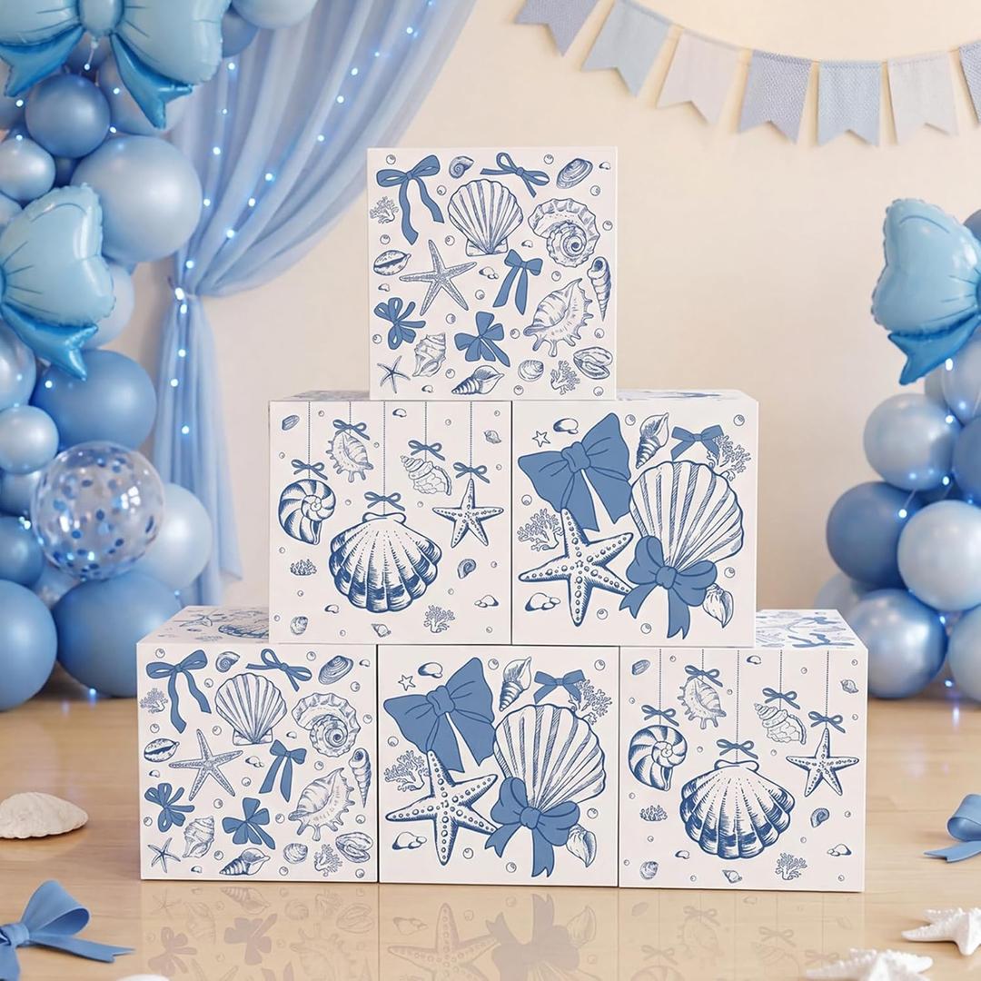 Tenceur 6 Pcs Last Toast on The Coast Bachelorette Party Decor Boxes Coastal Beach Blue Bow Seashell Paper Boxes 11.8'' Ocean Under The Sea Photo Booth Prop for Baby Shower Birthday Bachelorette Party