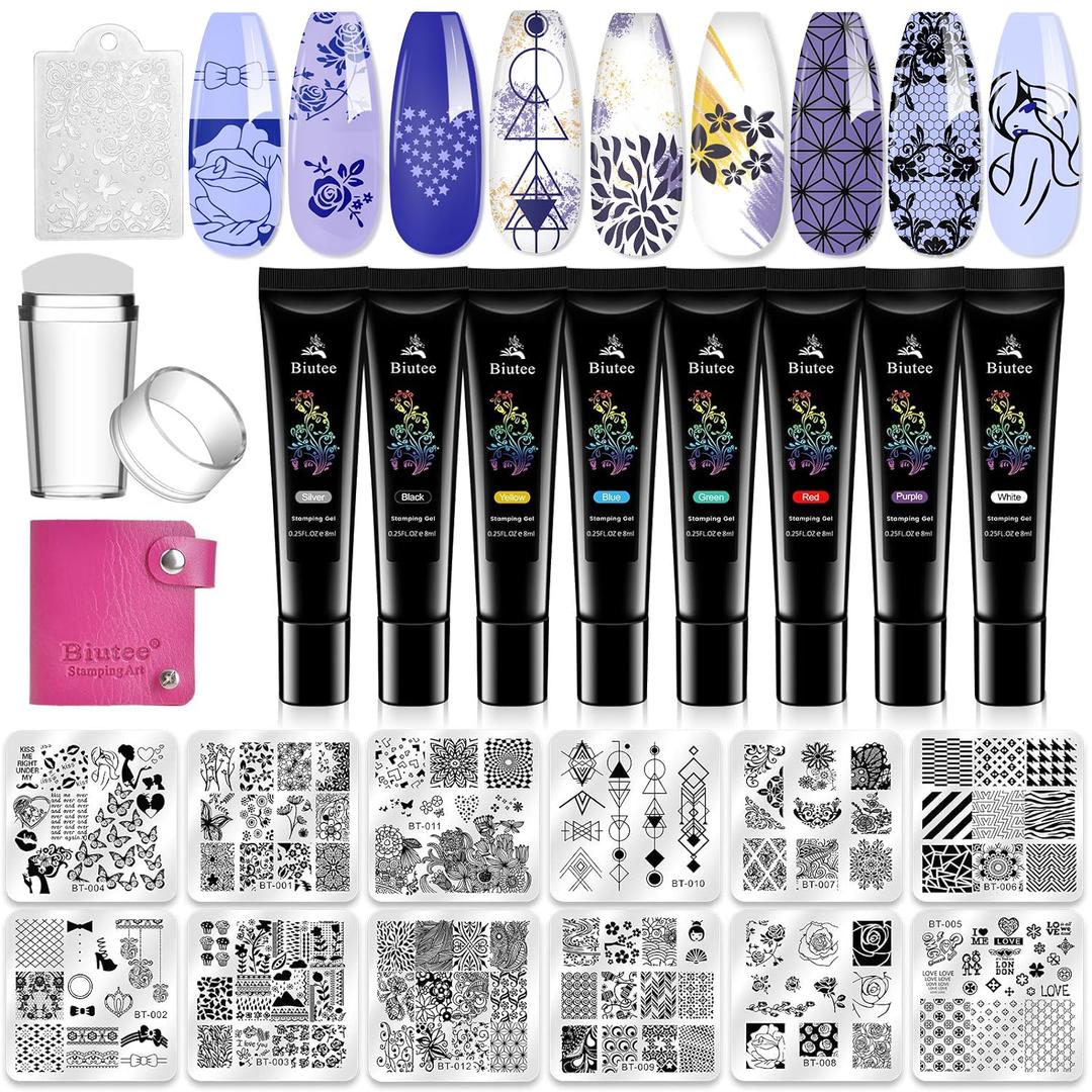 Biutee Nail Stamper Kit Nail Art Stamping Plate Set Stamping Nail Polish Gel Stamp Plate Jelly Silicone Stamper Scraper Flower Lace Line Kiss Stencil Template Tool Supplies for Holiday (Storage Bag) (23PCS)