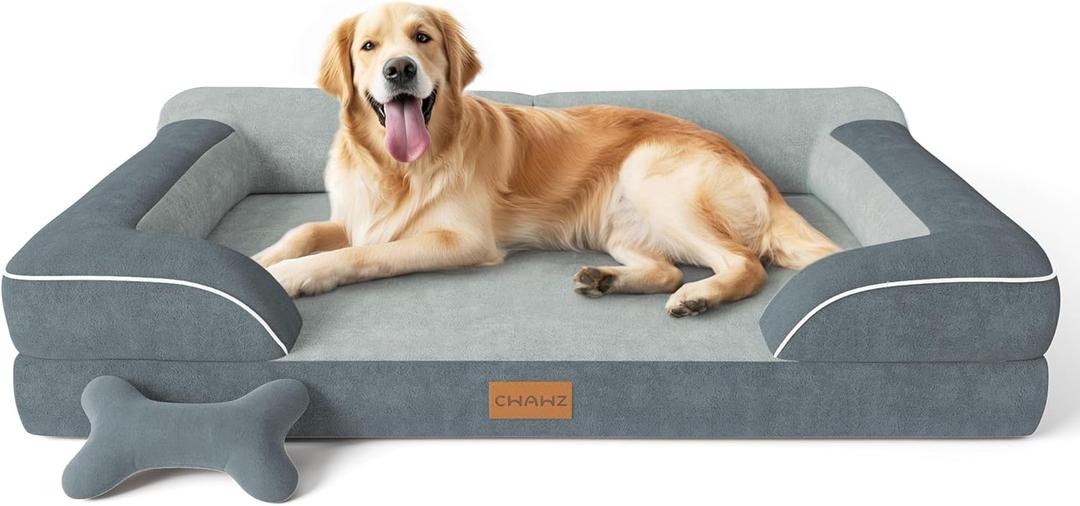 CWAWZ Extra Large Dog Bed, Orthopedic Dog Bed with Cooling Gel Memory Foam, Waterproof XL Pet Bed with Removable Washable Cover, 42" Pet Sofa Couch Dutch Velvet with Bone Toy, Gray