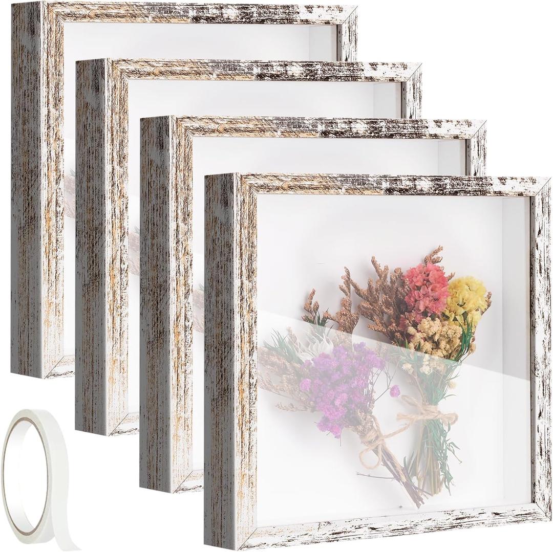 4 Pack 8 x 8 Shadow Box Frame Shadow Boxes Display Cases Memorial Picture Frame 3D Picture Frame with Adhesive Tape for Keepsake Wedding Bouquet Memories Crafts Awards Medals Tickets and Photos (4pcs-distressed White)