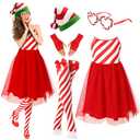 Toulite 5 Pcs Women Christmas Candy Cane Costume Santa Hat Tutu Dress Striped Tights Candy Glasses Gloves for Party(Large)