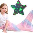 Softan Kids Mermaid Tail Blanket, Glow in The Dark Toddler Mermaid Blanket with Glittering Stars and Rainbow Ombre Fish Scale Design - 17" x 39"
