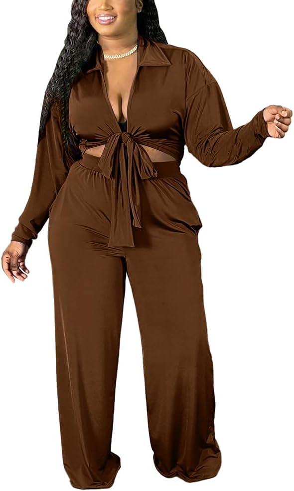 2 Piece Outfits for Women Sexy V Neck Print Shirts Tie Knot Batwing Blouses Crop Top Wide Leg Pants Set (Medium, 0819-brown)