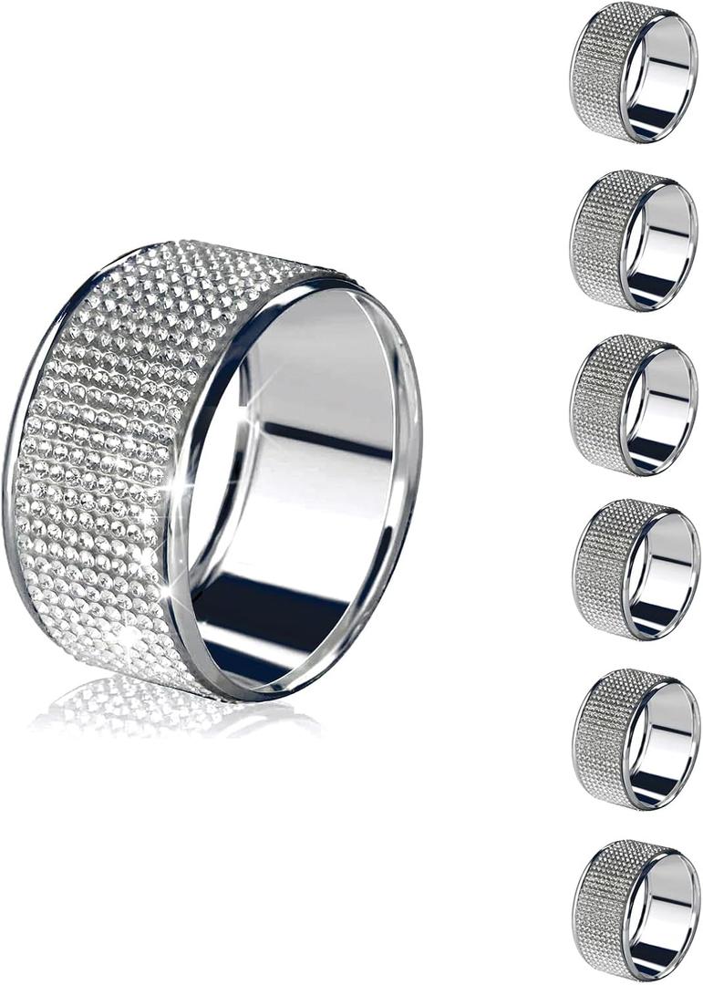 Silver Napkin Rings Set of 6,Diamond Napkin Ring for Table Decor,Thanksgiving,Christmas Napkin Rings Buckles, Anniversary, Birthday, Holiday, Party of Table Setting, Wedding Table Decoration