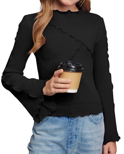 BesserBay Kids Fall Long Bell Sleeve Mock Neck Lettuce Trim Shirts Y2k Inspired Fashion Slim Fit Black Tops 13-14 Years XXL 