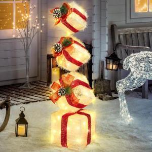 Christmas Lighted Gift Boxes Decorations Set of 4, 3.6 Ft Stackable Christmas Nesting Boxes Battery Operated with Timer for Home and Party Decoration