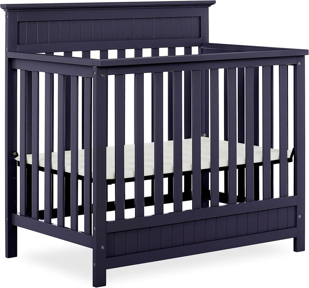 Dream On Me Harbor 4in1 Convertible Mini Baby Crib in Navy, GreenGuard Gold & BSA, Non-Toxic, Pinewood, Converts to Mini Daybed & Twin Bed, 1 Mattress Pad, Perfect for Small Nurseries, 32"L x 25"W x 33"H