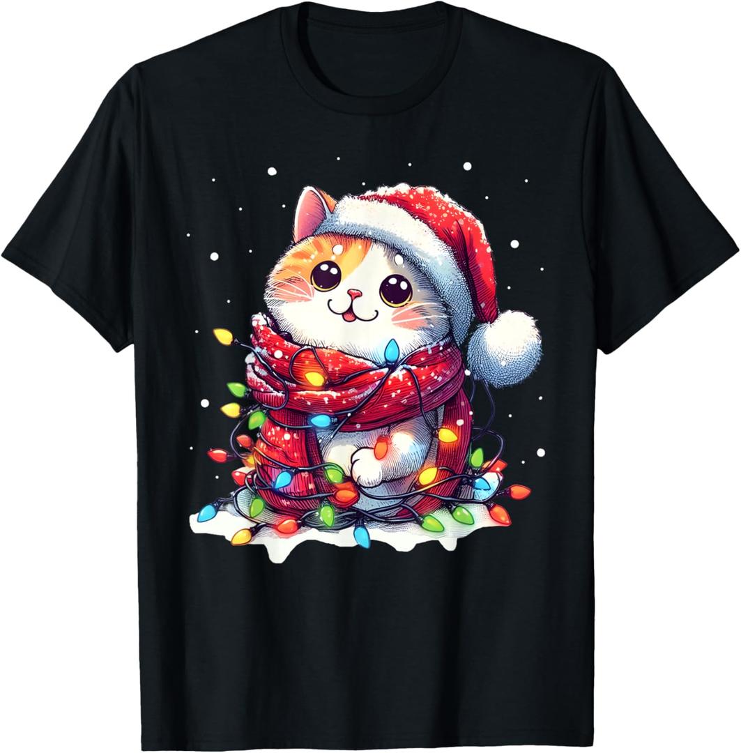 Funny Santa Cat Tangled Up in Christmas Lights Holiday Xmas Men Women Kids T-Shirt