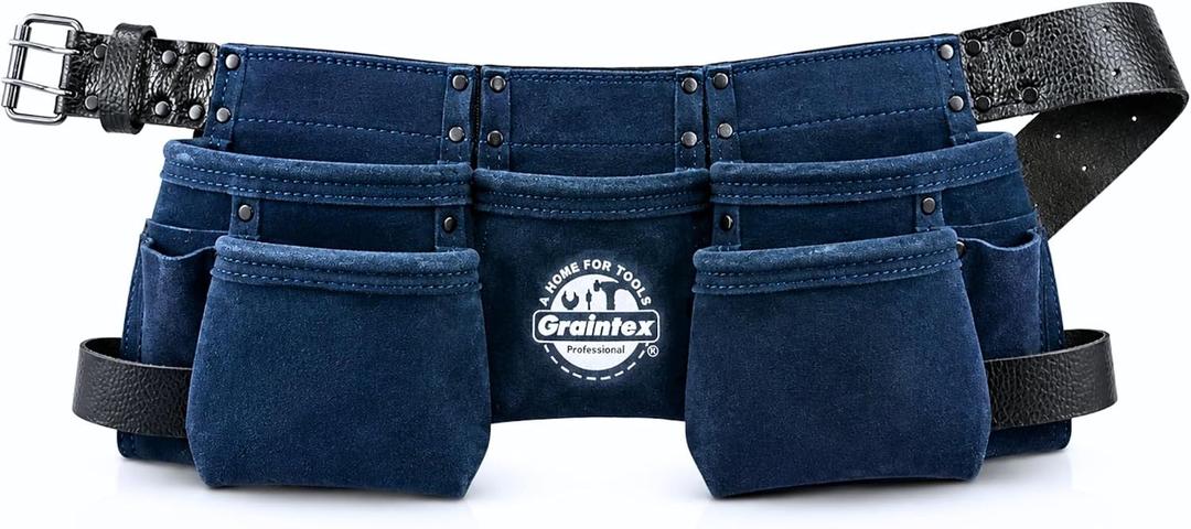 Graintex DS2525 :: 9 Pocket Children Tool Belt Navy Blue Color Suede Leather, Kids Real Tool Belt, Boys and Girls Tool Apron for Home Improvement, 1.1/2" Leather Belt, Hammer Loops