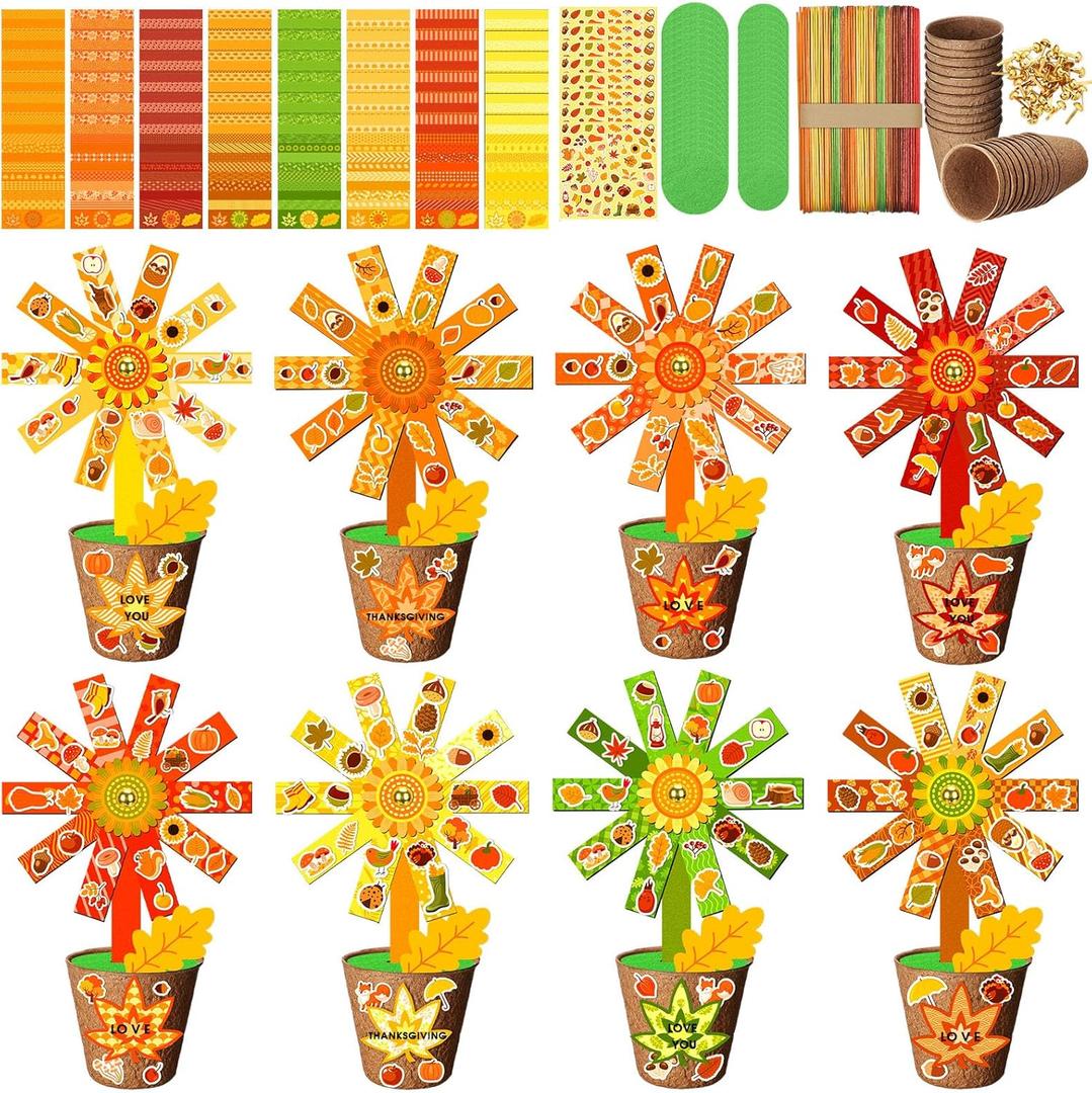 48 Pack Thanksgiving Flower Pot Paper Craft Kits DIY Thank Autumn Maple Leaf Pumpkin Acorn Decor Make Your Own Flowers Craft with Sticker for Thanksgiving Education Harvest Holiday