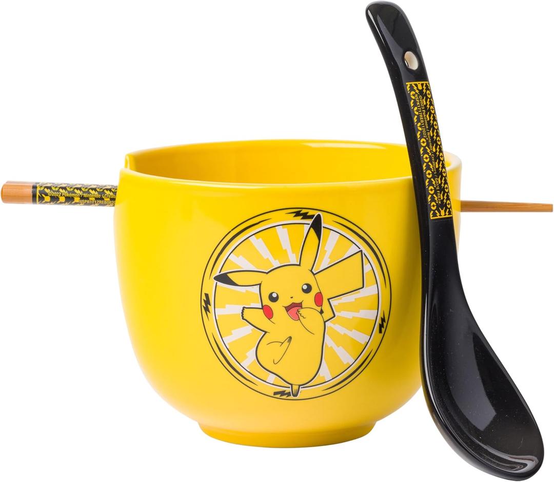 Silver Buffalo Pokemon Pikachu Electric Ceramic Ramen Noodle Rice Bowl with Chopsticks and Spoon, Microwave Safe, 20 Ounces