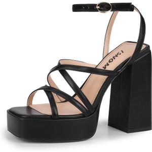 ISNOM Platform Chunky Heels for Women, Block Heel Sandals with Open Square Toe and Ankle Strap (7, Black)
