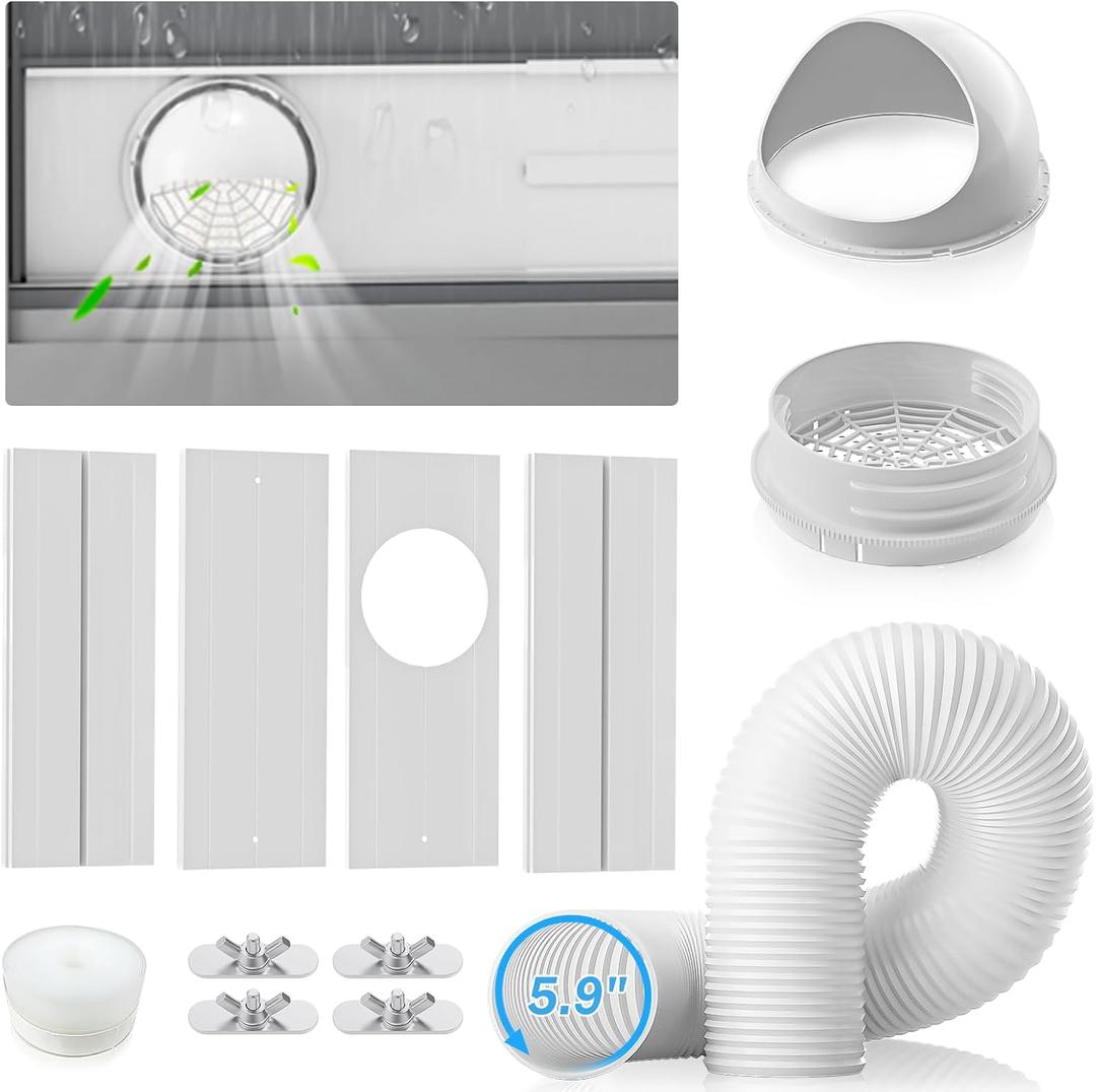 YJHome Portable AC Window Vent Kit with 5.9" Exhaust Hose & Universal Coupler, Air Conditioner Window Seal Kit with Plates, Upgraded Rain Cover, Portable Air Conditioner Window Kit for Sliding Window, 17-64in