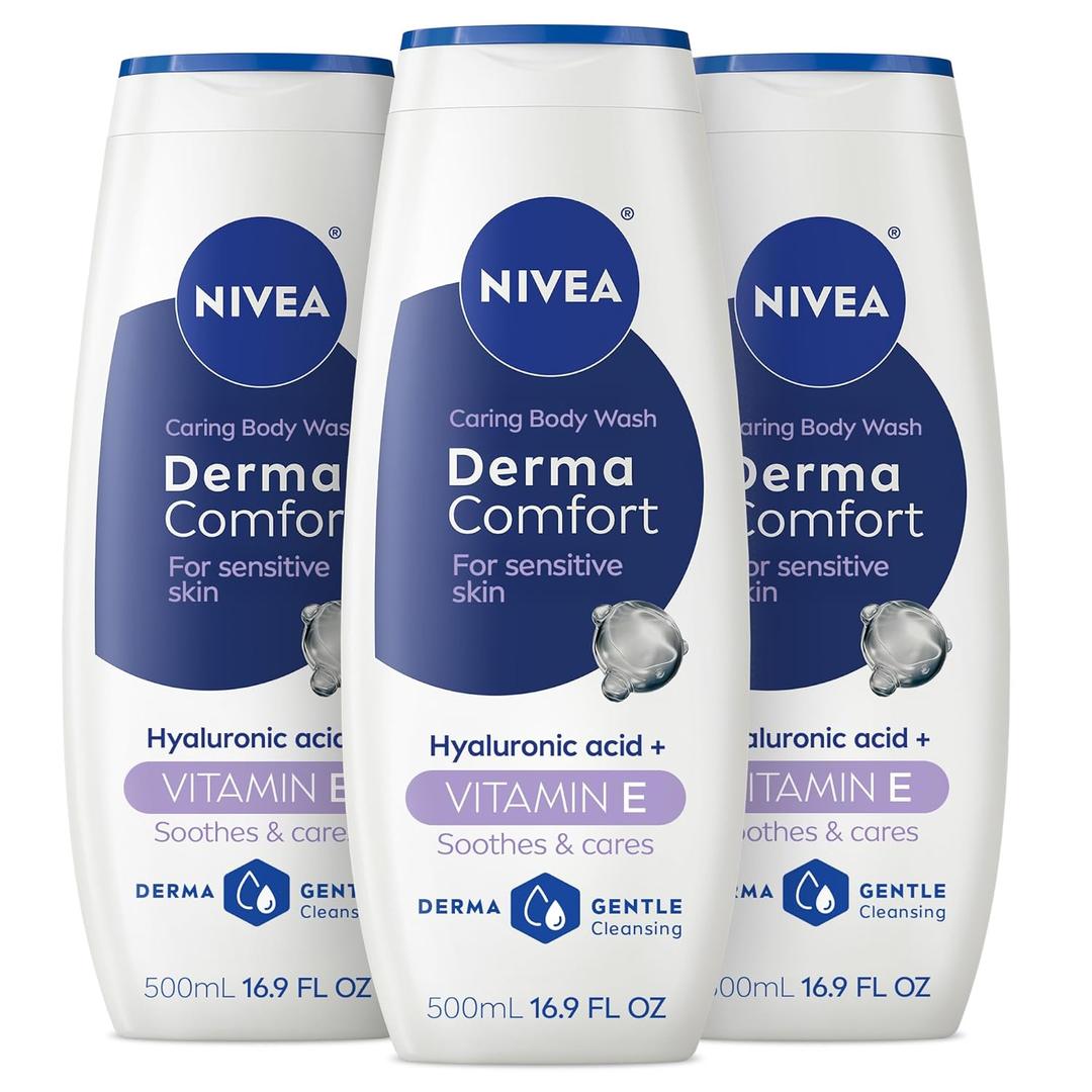 NIVEA Derma Comfort Caring Body Wash for Sensitive Skin, Body Wash with Hyaluronic Acid and Vitamin E, 16.9 Fl Oz Bottle, Pack of 3