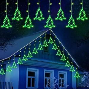 Aurelema Christmas Tree Lights Outdoor 12ft LEDs with 10 Drops Christmas Tree Icicle Lights Window Decoration 8 Modes Waterproof Multicolor Xmas Light for Curtain Eaves Xmas Decor(Green)