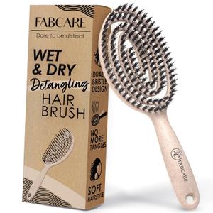 FABCARE Detangling Hair Brush for Women, Men, and Children, Curved Hairbrush for Blow Drying with Boar Bristles, Detangler Thick or Curly Hair, Suitable for Dry or Wet Hair (Beige)